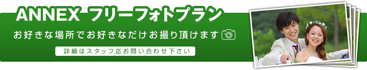 ANNEX フリーフォトプラン。お好きな場所でお好きなだけお撮り頂けます。詳細はスタッフ迄お問い合わせ下さい